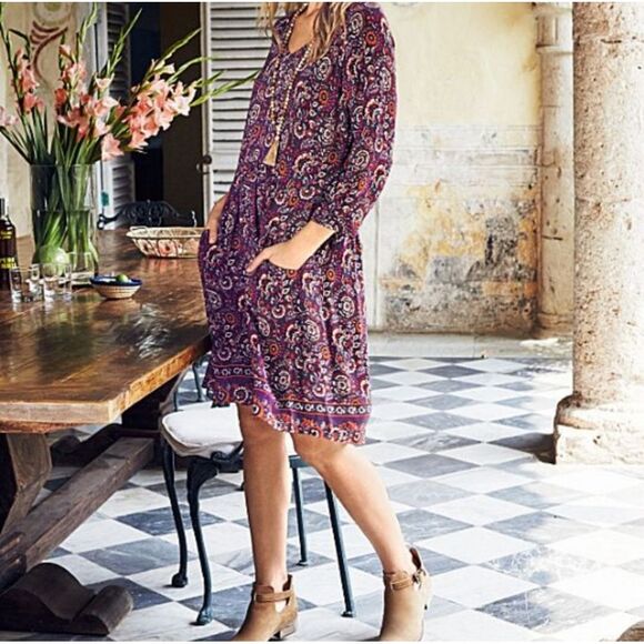 Garnet Hill Bohemian Purple Floral V-neck 3/4 Sleeve‎ lined pockets Dress Size 4 - Picture 6 of 8